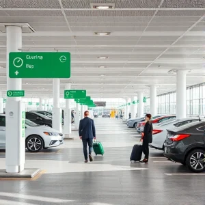 A modern airport parking area with clear signage, electric vehicle charging stations, and business travelers with luggage walking toward a terminal, clean and organized layout, daytime lighting, professional atmosphere