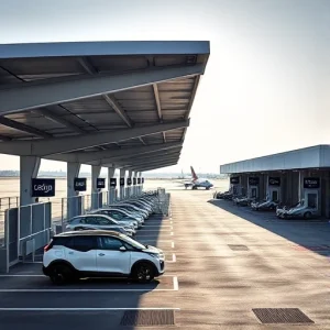 A modern airport parking area with covered loading zones, featuring sleek canopies over designated loading bays, electric service vehicles parked beneath, clear signage for cargo handling, paved surfaces with drainage, distant airport terminals and runways visible in soft daylight, minimalist design, no people, no text or letters on signs or surfaces, no advertisements, no vehicles in motion, no clutter