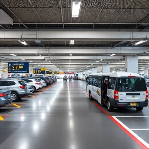 A modern airport parking area with clear signage, well-lit spaces, security cameras, and a shuttle bus transporting passengers to the terminal, showing affordability and safety through visible pricing displays and attentive staff