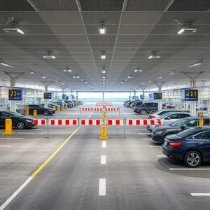 A modern airport parking area with clear lanes, parked cars, and visible security gates with barriers and surveillance cameras, daytime, realistic lighting, no people visible