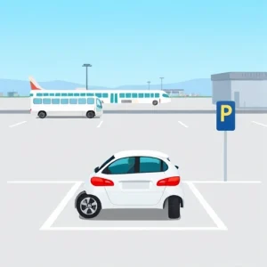A simple, clean illustration of a car parked in a clearly marked airport parking space with a visible 'P' sign, a shuttle bus in the background, and a terminal building faintly visible in the distance under a clear blue sky, minimal details, flat colors, no text or labels
