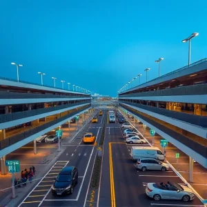A modern 24/7 airport parking facility with multiple levels, well-lit lanes, clear signage, electric vehicle charging stations, security cameras, and shuttle buses transporting passengers to terminals under a clear night sky with soft ambient lighting