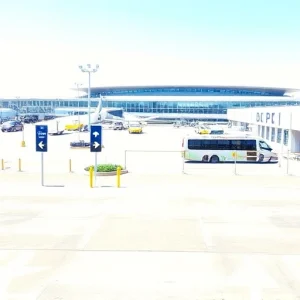 A clear, high-quality image showing the closest parking area to an airport terminal, with visible parking spaces, directional signs indicating 'Airport Parking', a shuttle bus or pedestrian walkway connecting to the terminal, and modern airport architecture in the background under a clear sky.