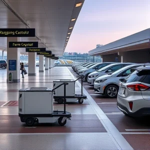 A modern airport parking area with clear signage, automated luggage carts assisting travelers, sleek electric vehicles parked nearby, and a clean, well-lit environment with subtle airport architecture in the background