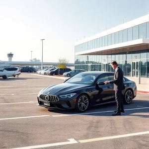 A modern airport parking area with valet service, showing a luxury car being handed over to a uniformed valet attendant near a sleek glass terminal building, clear sky, well-marked lanes, subtle signage for valet drop-off, no text or letters visible in the scene