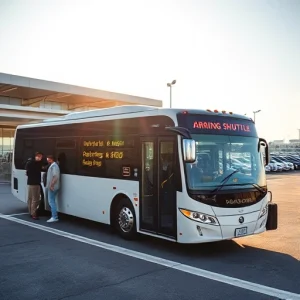 A modern shuttle bus parked near an airport terminal with clear signage indicating 'Airport Parking Shuttle', passengers boarding, luggage being loaded, and a well-lit parking lot in the background under a bright daytime sky