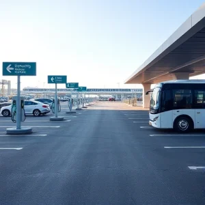 A modern airport parking area with clear signage, electric vehicle charging stations, and a shuttle bus picking up passengers near a covered walkway, bright daylight, clean asphalt, minimal traffic, professional and efficient atmosphere