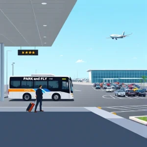 A modern airport terminal with a clear sky, a person walking toward a shuttle bus labeled 'Park and Fly' with luggage, a parking lot filled with cars near the terminal, and a plane taking off in the background, all in a clean, bright, realistic style