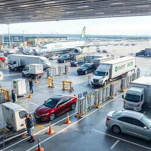 A modern airport parking area with vehicles undergoing inspection services, including cars and trucks parked in designated zones, security personnel checking vehicles, inspection equipment like scanners and barriers, clear signage for inspection lanes, well-lit environment with airport terminals visible in the background, daytime setting, realistic details