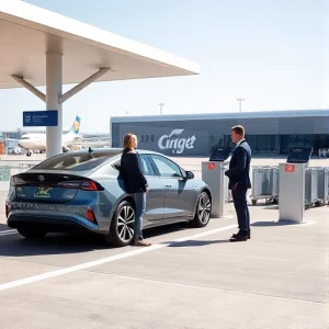A modern airport parking area with valet drop-off service, showing a sleek electric car being handed over to a uniformed valet attendant near a covered drop-off zone, with airport terminals and luggage carts visible in the background, clear sky, daytime, realistic lighting, no text or signage visible