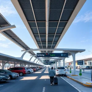 A modern covered parking structure for airport travelers, featuring a sleek canopy with integrated solar panels, clear signage for short-term and long-term parking, electric vehicle charging stations, well-lit walkways leading to terminal entrances, and travelers with luggage walking under the cover, all under a bright daytime sky with subtle shadows