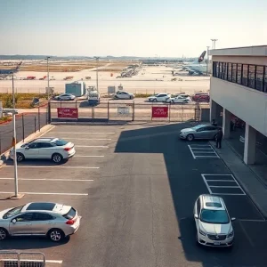 A secure parking facility located near an airport, featuring well-lit parking spaces, surveillance cameras, fenced perimeter with controlled access gates, security personnel patrolling, and clear signage indicating 'Secure Parking' and 'Airport Shuttle'. Modern vehicles parked neatly, with a distant view of airport terminals and runways in the background under a clear daytime sky.