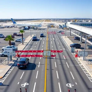 A modern airport parking facility with clearly marked express lanes for quick drop-off and pickup, featuring sleek signage, automated barriers, electric vehicle charging stations, and smooth traffic flow under bright daylight, with distant airport terminals visible in the background