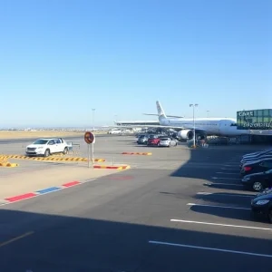 A modern airport parking lot with clear signage indicating 'Short-term Parking', cars parked in designated spaces, a shuttle bus nearby, and a terminal building visible in the background under a clear sky