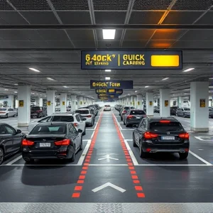 A modern airport parking area with a designated quick drop-off zone, featuring clear signage, vehicles briefly stopping to unload passengers, smooth traffic flow, well-lit pavement, and minimal congestion, all in a clean, efficient urban airport environment