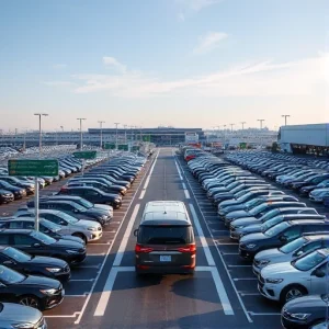 A modern airport long-term parking lot with rows of parked cars under a clear sky, featuring a shuttle bus picking up passengers, directional signs, and well-lit pathways, all in a clean, realistic style