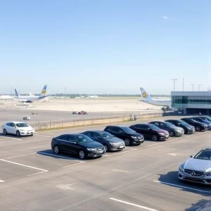 An open-air parking area at an airport with several cars parked in marked spaces, airport terminals and runways visible in the background, clear sky, daytime lighting, modern airport infrastructure, no people visible, realistic style