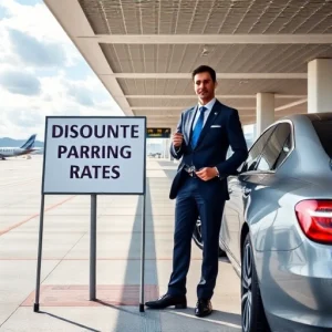 A modern airport valet parking area with a clear sign showing 'Discounted Rates', a valet attendant in uniform holding keys next to a luxury car, airport terminals and planes visible in the background under a bright sky, clean and professional atmosphere