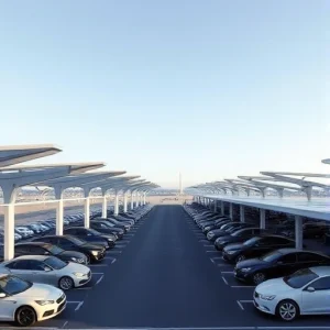 A modern airport parking area with covered parking structures, sleek canopies over rows of cars, clear sky, minimalist design, no people, no text or signage, high detail, realistic lighting