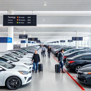 A modern airport parking area with express check-in counters, sleek vehicles parked in organized rows, digital signage showing check-in lanes, travelers with luggage heading toward terminals, bright daylight, clean architecture, minimalistic design, no text or letters visible