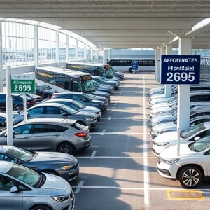 A modern airport parking area with clear signage showing affordable rates, rows of parked cars, shuttle buses nearby, bright daylight, clean and organized layout, no people visible, focus on accessibility and value