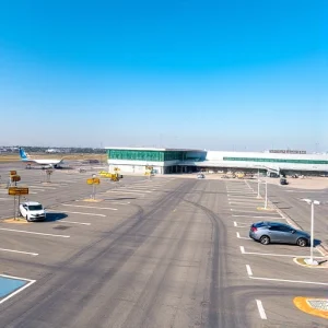 A modern airport parking area with clear signage, organized vehicle lanes, and a few cars parked neatly near a terminal building under a bright sky