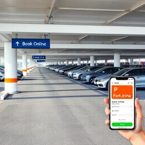A modern airport parking area with clear signage for online booking, showing cars parked in organized rows, a digital display showing 'Book Online' and a smartphone interface with a parking reservation app, bright daylight, clean asphalt, minimalist design, no people visible