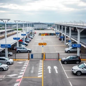 A modern airport parking facility with clear signage, well-lit lanes, security cameras, and vehicles parked neatly in designated spots, surrounded by fencing and access control gates, conveying safety and security