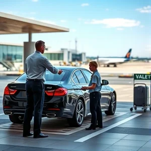 A modern airport valet parking service area with a sleek black car being handed over to a uniformed valet attendant in a professional uniform, standing near a clearly marked valet zone with signage, luggage carts nearby, and a blurred background of airport terminals and aircraft on the tarmac under a clear sky