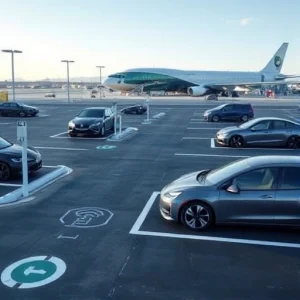 A modern airport parking area with self-parking options, showing autonomous vehicles parking themselves in designated smart parking spots, clear signage indicating self-parking zones, sleek electric cars with sensors and cameras visible, well-lit paved lanes, minimal traffic, futuristic airport terminal in the background under a clear sky, no people visible, no text or letters on signs or vehicles, no license plates, no advertisements