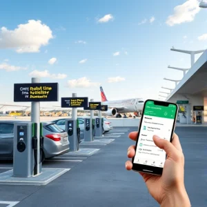 A modern smart parking facility at an airport with digital signage showing real-time availability, electric vehicle charging stations, automated license plate recognition cameras, and a mobile app interface on a smartphone displaying reservation details, all under a clear sky with aircraft visible in the background