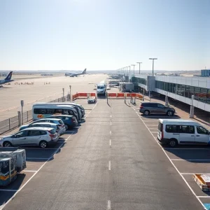 A modern, convenient parking area near an airport with clear signage, well-marked parking spaces, electric vehicle charging stations, shuttle buses waiting to transport passengers to terminals, and a clean, organized layout under bright daylight, with distant airport terminals and aircraft visible in the background