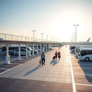A modern, well-organized parking area near an airport terminal, with clearly marked parking spaces, electric vehicle charging stations, shuttle buses waiting nearby, and travelers with luggage walking toward the terminal under a bright but soft daylight sky. The scene is clean, efficient, and user-friendly, emphasizing convenience and accessibility.