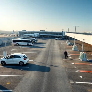 A modern, convenient parking area near an airport terminal with clear signage, well-marked parking spaces, electric vehicle charging stations, shuttle buses arriving and departing, travelers with luggage walking to the terminal, sleek asphalt surface, soft daylight, minimalist design, no clutter, no graffiti, no damaged infrastructure