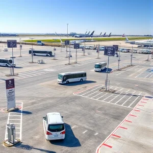 A modern, convenient parking area near an airport with clear signage, well-marked parking spaces, electric vehicle charging stations, shuttle buses waiting to transport passengers to terminals, and a clean, organized layout under bright daylight, with distant airport terminals and aircraft visible in the background