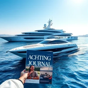 A sleek, modern yacht sailing on calm blue waters under a clear sky, with a luxurious yacht club building in the background, a person in nautical attire holding a glossy yachting magazine titled 'Yachting Journal', subtle waves reflecting sunlight, elegant and aspirational atmosphere, high detail, photorealistic