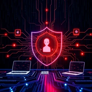 A modern digital shield made of glowing circuit patterns protecting a network of interconnected devices like laptops, smartphones, and servers from incoming red cyber threats such as viruses, hackers, and data leaks, set against a dark tech background with subtle binary code falling like rain
