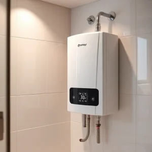 A modern electric storage water heater installed in a clean, well-lit residential bathroom, showing the unit mounted on the wall with visible pipes and a digital temperature display, surrounded by minimalist tiles and soft ambient lighting, conveying convenience and reliability