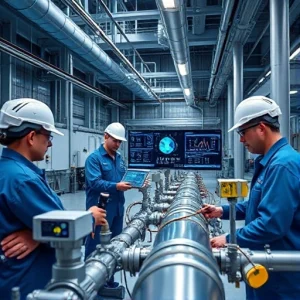 A modern industrial facility with engineers using advanced diagnostic equipment to inspect pipelines, showing digital screens displaying data analytics, sensors attached to metal pipes, and a clean high-tech environment with blue and silver color scheme, emphasizing innovation in pipeline diagnostics