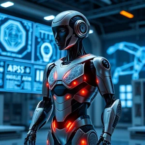 A futuristic robot with glowing neural network patterns on its metallic body, standing in a high-tech laboratory surrounded by holographic displays showing AI algorithms and robotic arm movements, symbolizing the role of intelligent systems in advancing robotics