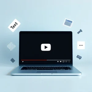A modern laptop screen displaying a YouTube video with visible subtitles at the bottom, surrounded by floating icons representing speech-to-text conversion, such as sound waves turning into text blocks, in a clean, minimalist digital interface style, soft blue and white color scheme, no text or letters visible in the image