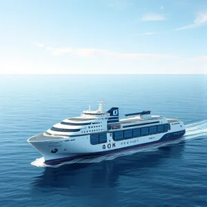 A modern, professional illustration of innovative maritime solutions by ООО «МАРСТАР» for shipping companies: futuristic autonomous cargo ships with sleek designs, digital navigation interfaces, AI-powered route optimization displays, and eco-friendly propulsion systems, set against a calm ocean under a clear sky, with subtle company branding elements integrated into the vessel hulls and control panels, conveying technological advancement and reliability