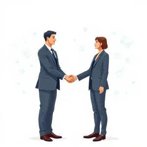 A professional business illustration showing a handshake between two people in modern office attire, one representing a client and the other a marketing expert from expert-marketing.kz, with subtle digital marketing icons like charts, graphs, and social media symbols floating gently in the background, clean and corporate aesthetic, soft lighting, high detail, no text or logos visible
