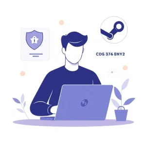 A modern, clean digital illustration showing a person securely trading CS2 skins on a laptop, with a shield icon and lock symbol representing safety, floating UI elements like trade confirmation and Steam logo in the background, soft glowing accents, minimalistic tech aesthetic, no text or numbers visible
