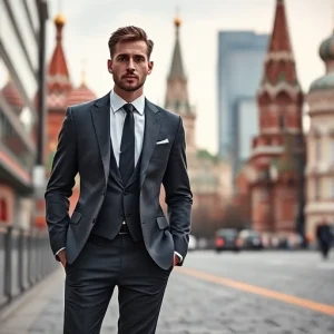 A modern, well-dressed man standing confidently in a stylish urban setting in Moscow, wearing a high-quality men's suit, with subtle hints of Moscow architecture in the background (such as St. Basil's Cathedral or contemporary skyscrapers), soft natural lighting, premium fabric texture visible on the suit, no text or logos, no watermarks, no people other than the main subject