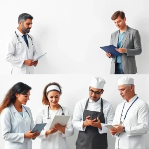 A diverse group of professionals offering a wide range of services: a doctor consulting a patient, a lawyer reviewing documents, a teacher explaining concepts to students, a software developer coding on a laptop, a chef preparing food, and a financial advisor discussing investments — all arranged in a clean, modern, harmonious layout with soft lighting and neutral tones, emphasizing inclusivity and professionalism