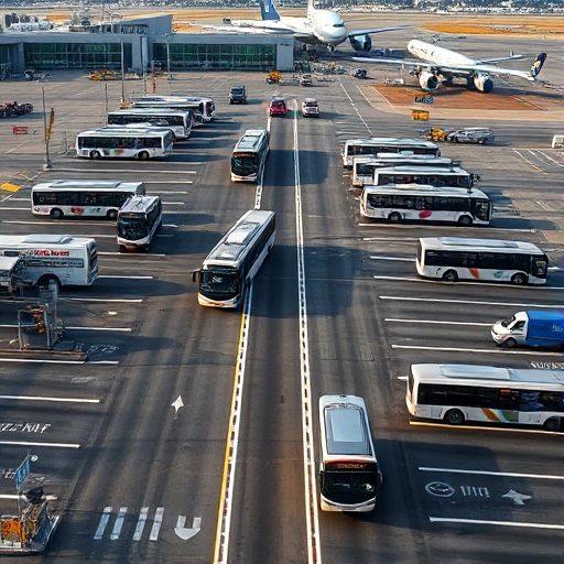 A modern airport parking area with multiple shuttle buses parked and moving between terminals, clear signage for parking zones, vehicles driving on paved lanes, well-lit environment during daytime, realistic details of asphalt, bus exteriors, and airport infrastructure, no people visible, no text or letters on signs or vehicles