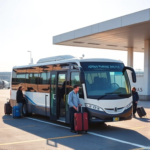 A modern shuttle bus with clear signage 'Airport Parking Shuttle' parked near a secure airport parking lot, with travelers boarding and luggage being loaded, under a bright daytime sky, clean and professional atmosphere