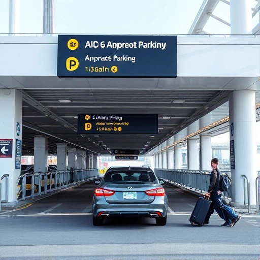 A modern airport parking facility with clear signage, a car entering a covered parking structure, a digital display showing available spots, and a person walking toward the terminal with luggage, all in bright daylight with clean lines and minimal clutter