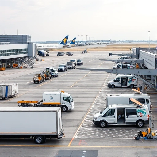 A modern airport parking area with vehicles undergoing maintenance services, including service trucks, mechanics working on cars, and clear signage for parking and maintenance zones, all in a clean, organized, and professional setting